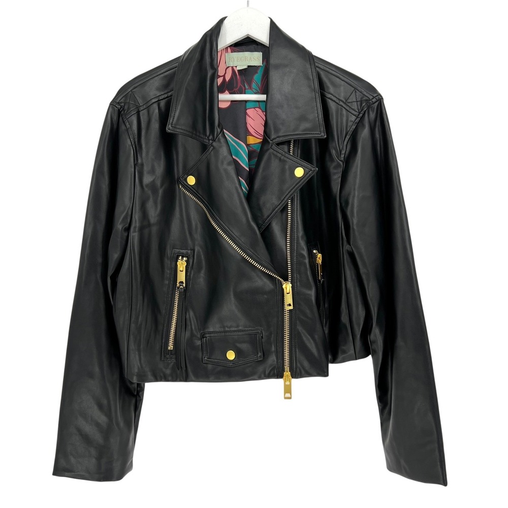 Ryegrass Moto Jacket Women XXL Black Faux Leather Floral Lining Gold Biker Zip